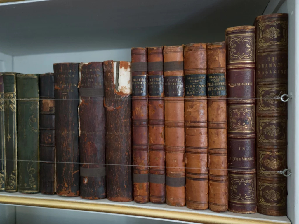 Livres anciens reliés en cuir avec dos ornementés de motifs dorés et titres gravés, disposés sur une étagère blanche.