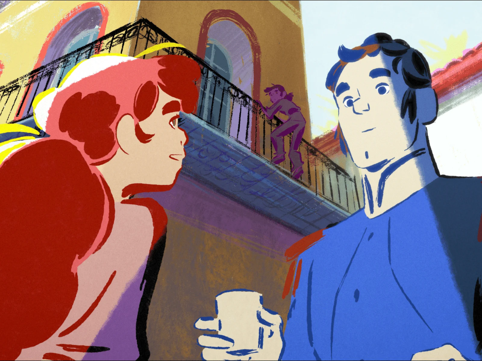 Image d'animation du film Carmen, l'oiseau rebelle de Sébastien Laudenbach, Carmen rousse et Salva dans une ruelle andalouse