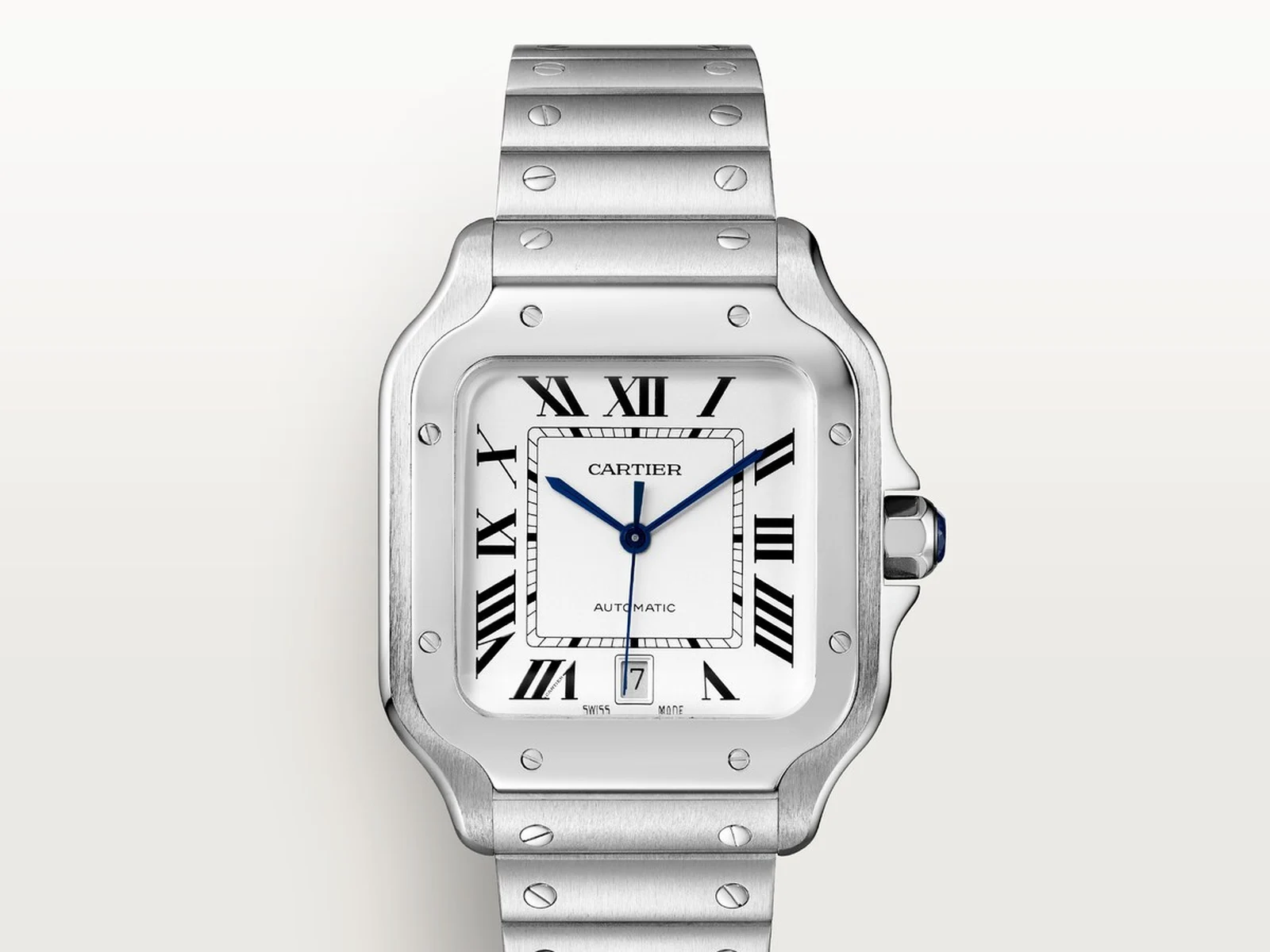 Santos de Cartier Large en acier, cadran carré blanc avec vis apparentes et bracelet SmartLink, photo officielle Cartier