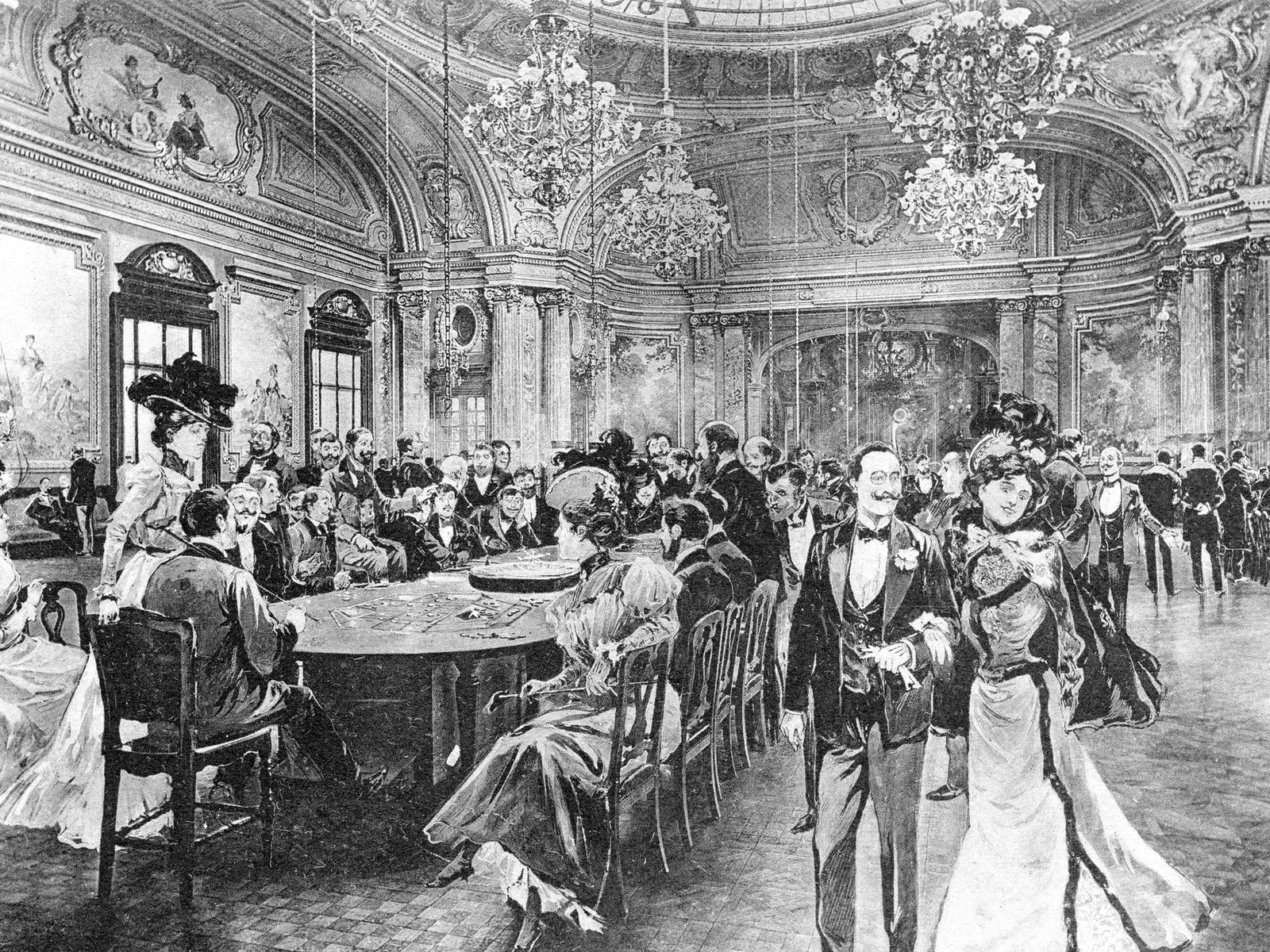 Gravure d'une salle de roulette du casino de Monte-Carlo, smokings et robes du soir sous les lustres vers 1910
