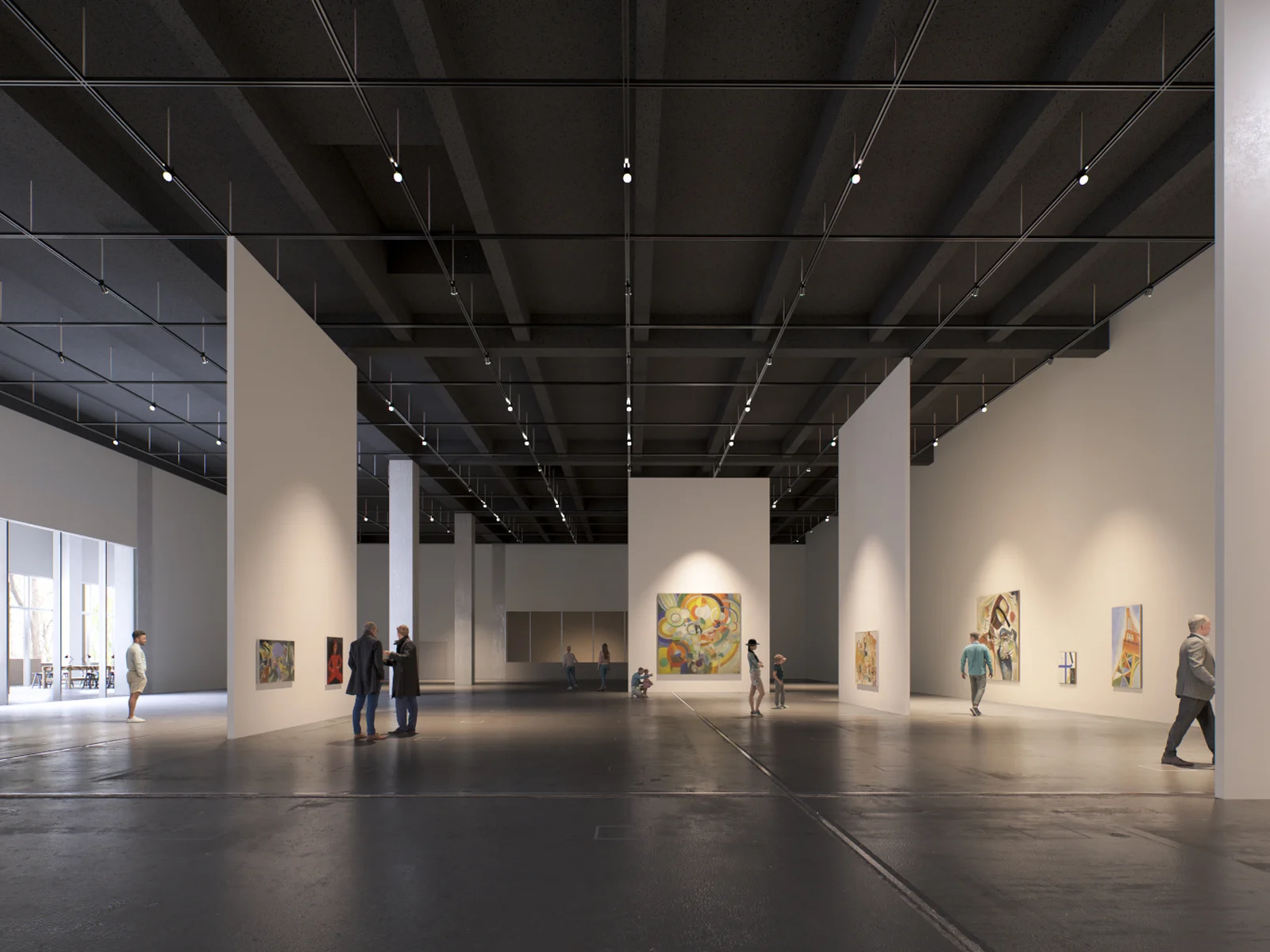 Galeries d'exposition du Centre Pompidou Francilien à Massy, visiteurs contemplant les œuvres du Musée national d'art moderne