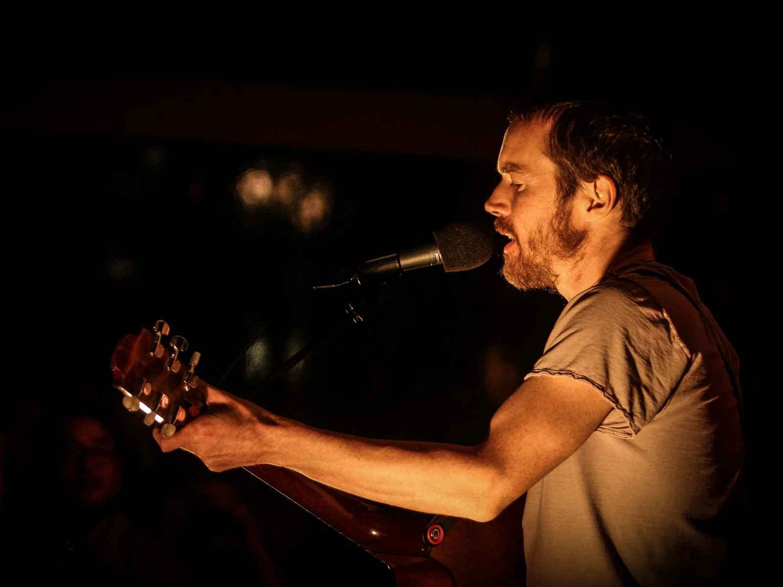 Damien Rice de profil, guitare acoustique en main, chante devant un micro dans la pénombre à Paris en 2014