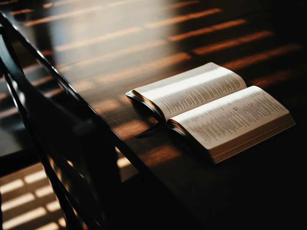 Livre ouvert sur une table sombre éclairée en rayons rasants, nature morte pour le roman Chacun de Jean-Paul Dubois