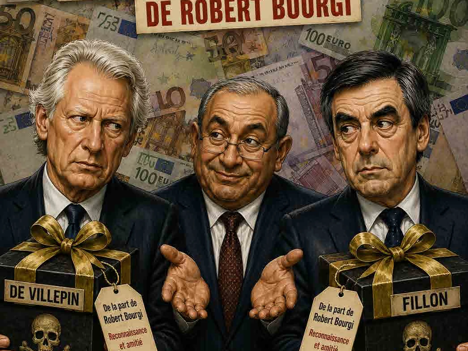 Illustration de LUI montrant Dominique de Villepin, Robert Bourgi et François Fillon entourés de billets et de paquets cadeaux
